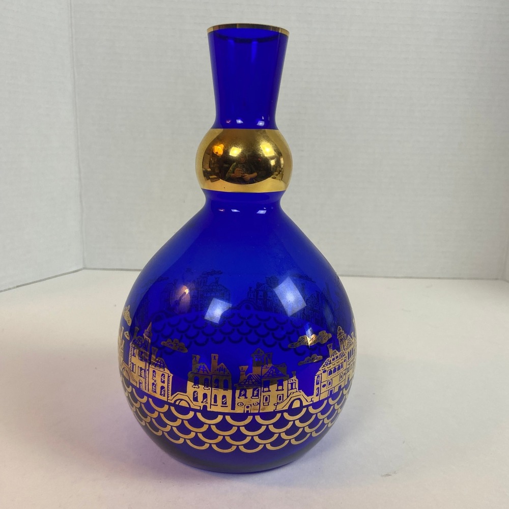 Vintage Cobalt Blue Murano Glass Vase Gold Leaf Venice Cityscape Italian Decor